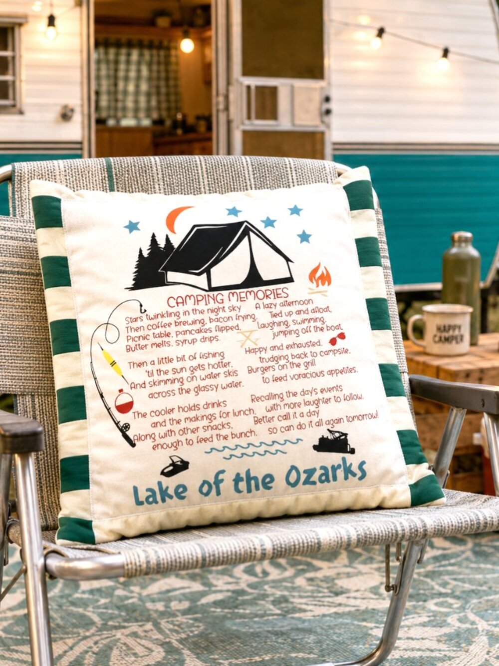 Lake of Ozarks Pillow Cover Fishing Boating Tent Camping Lakehouse Decor 18 x 18